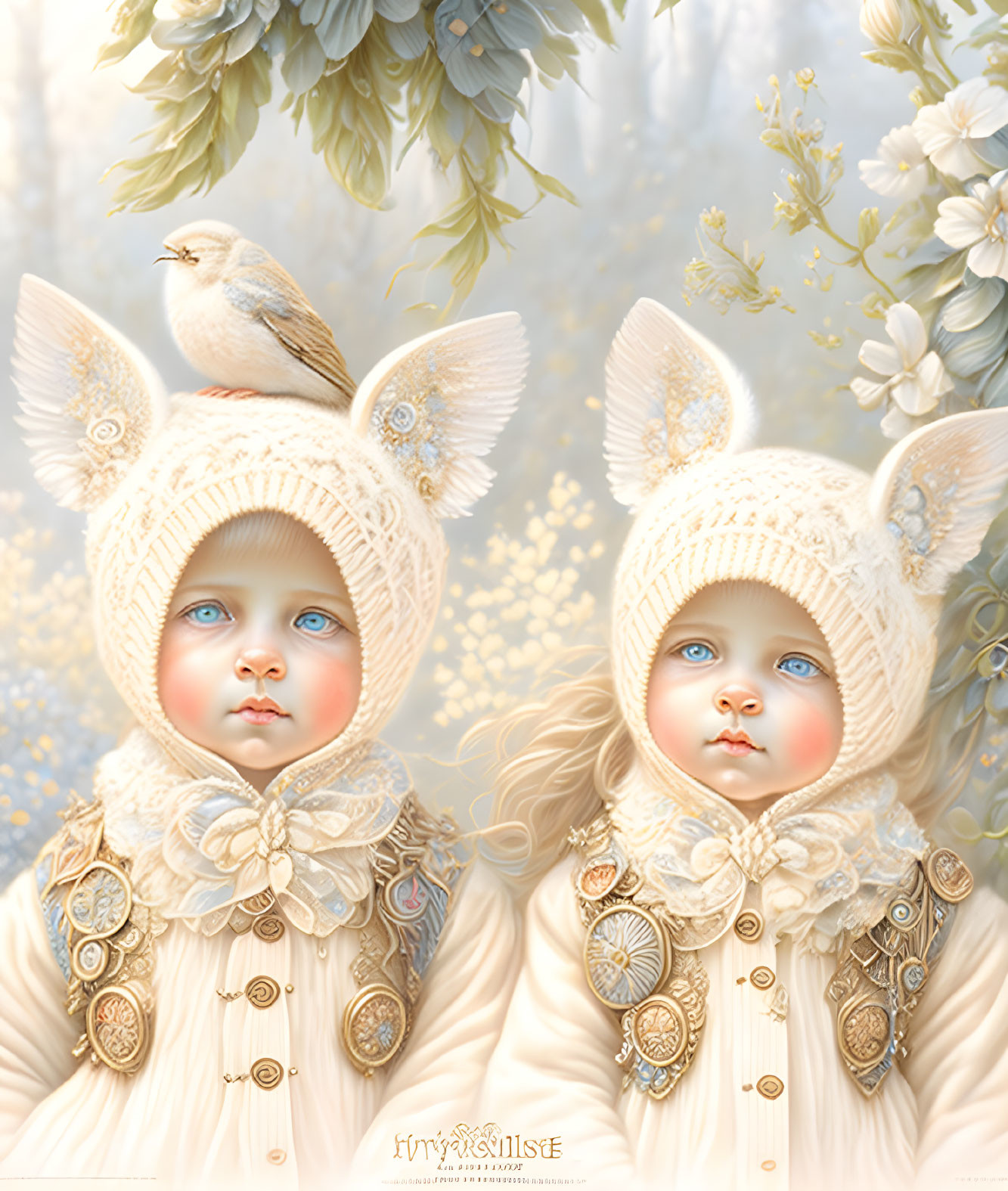 Two children in vintage attire and cat-ear hats with a bird, set in a floral backdrop.