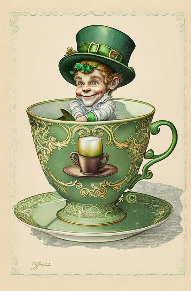 Whimsical character in green top hat inside teacup