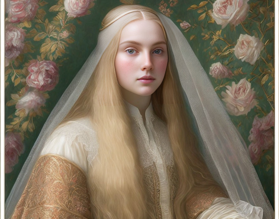 Blonde woman in veil and golden gown against floral background