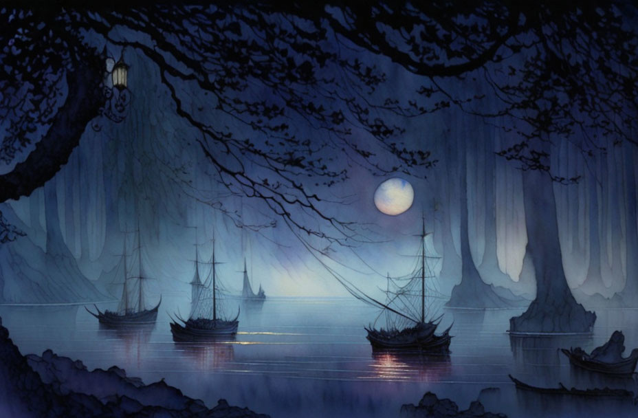 Night scene of sailing ships on calm water under full moon