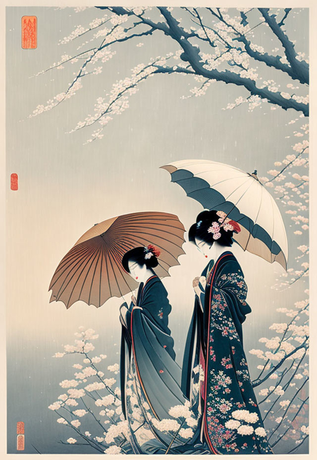 Traditional Japanese attire: Two women under cherry blossoms