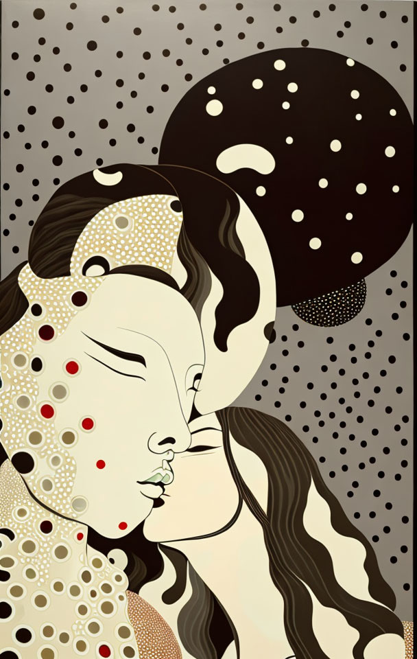 Stylized figures kissing against dotted background with circular motif