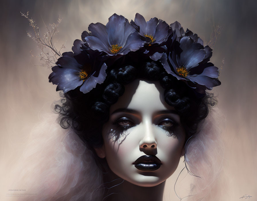 Portrait of woman with pale skin, black lips, and dark purple flower wreath