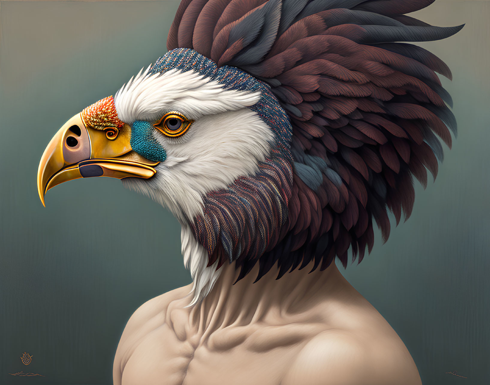 Detailed human-eagle hybrid with lifelike eyes and intricate plumage on muted backdrop