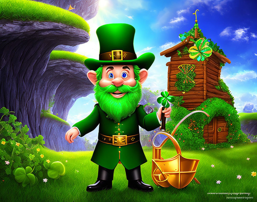 Cheerful leprechaun in green attire holding clover and gold pot in magical glade