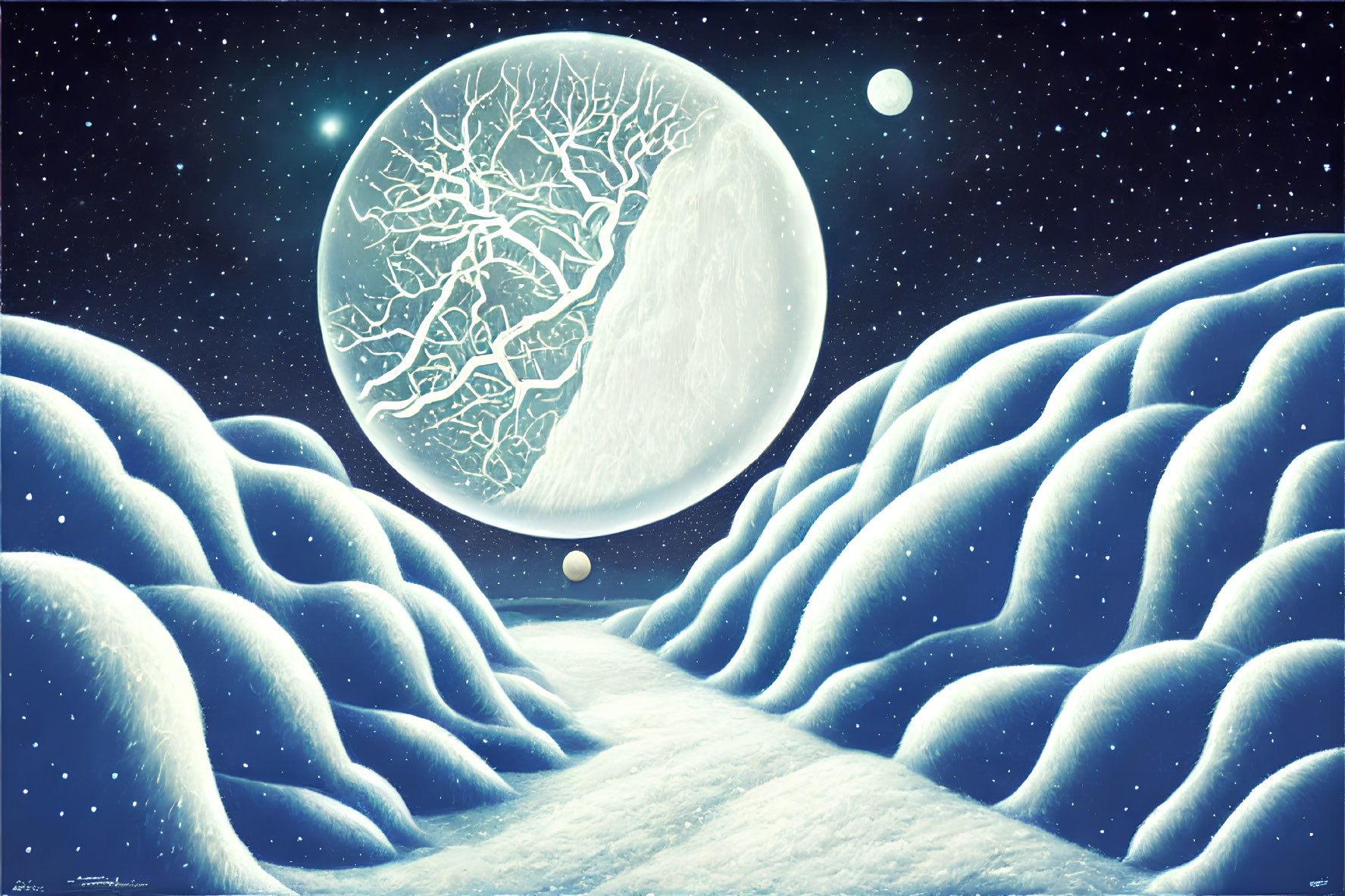 Snow-covered hills under a moonlit sky in surreal winter landscape