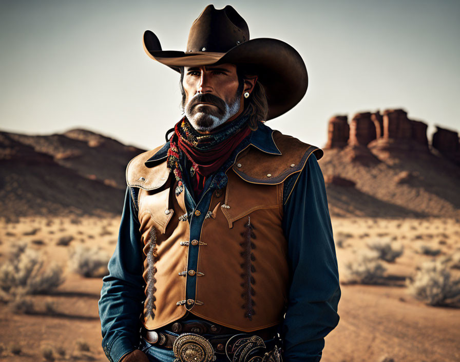 Cowboy with mustache in desert landscape with red rock formations