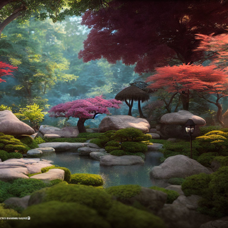 Tranquil Japanese Garden with Cherry Blossoms and Lanterns