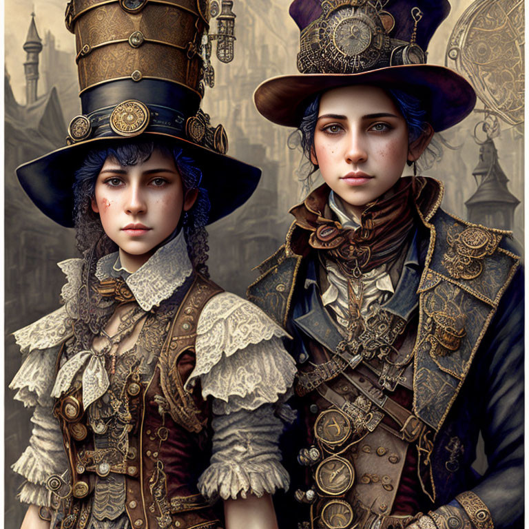 Steampunk-themed individuals in elaborate attire against industrial backdrop