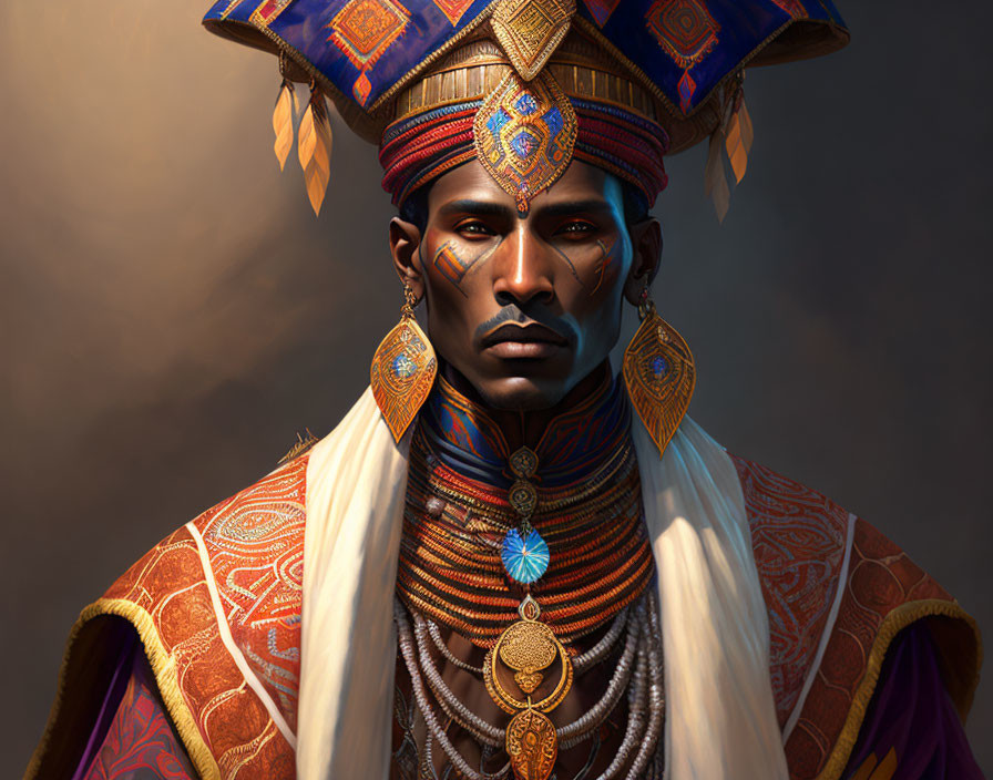 Regal man in traditional attire with rich colors and intricate patterns