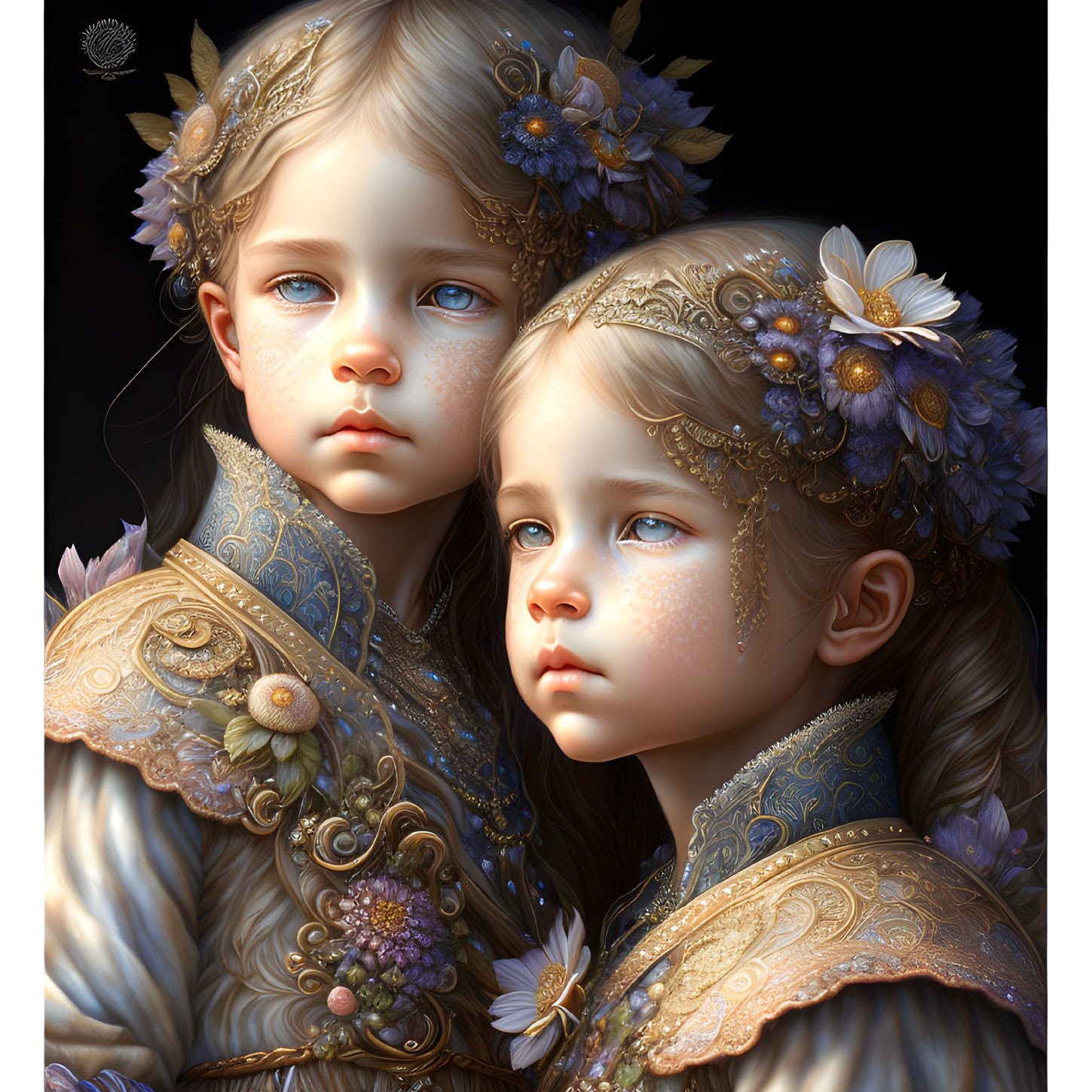 Children with Striking Blue Eyes in Regal Attire