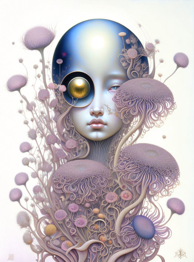 Surreal artwork: Pale figure with oversized black eye, golden iris, ethereal plants.