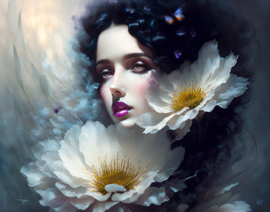 Digital painting: Woman with dark hair, white flowers, and butterflies