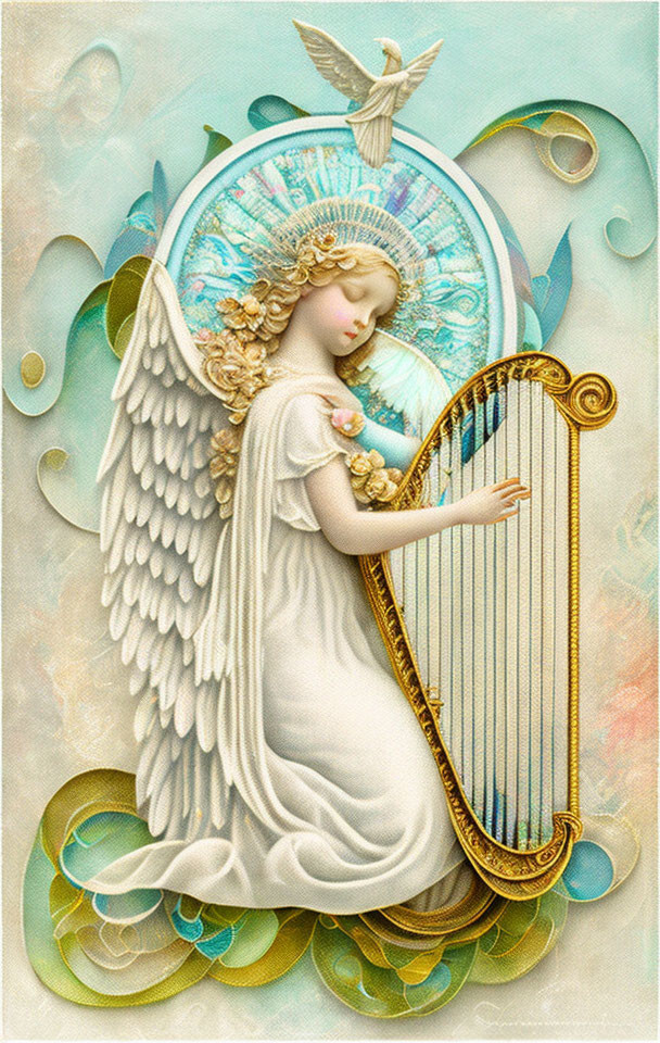 Illustrated angel playing golden harp in serene setting