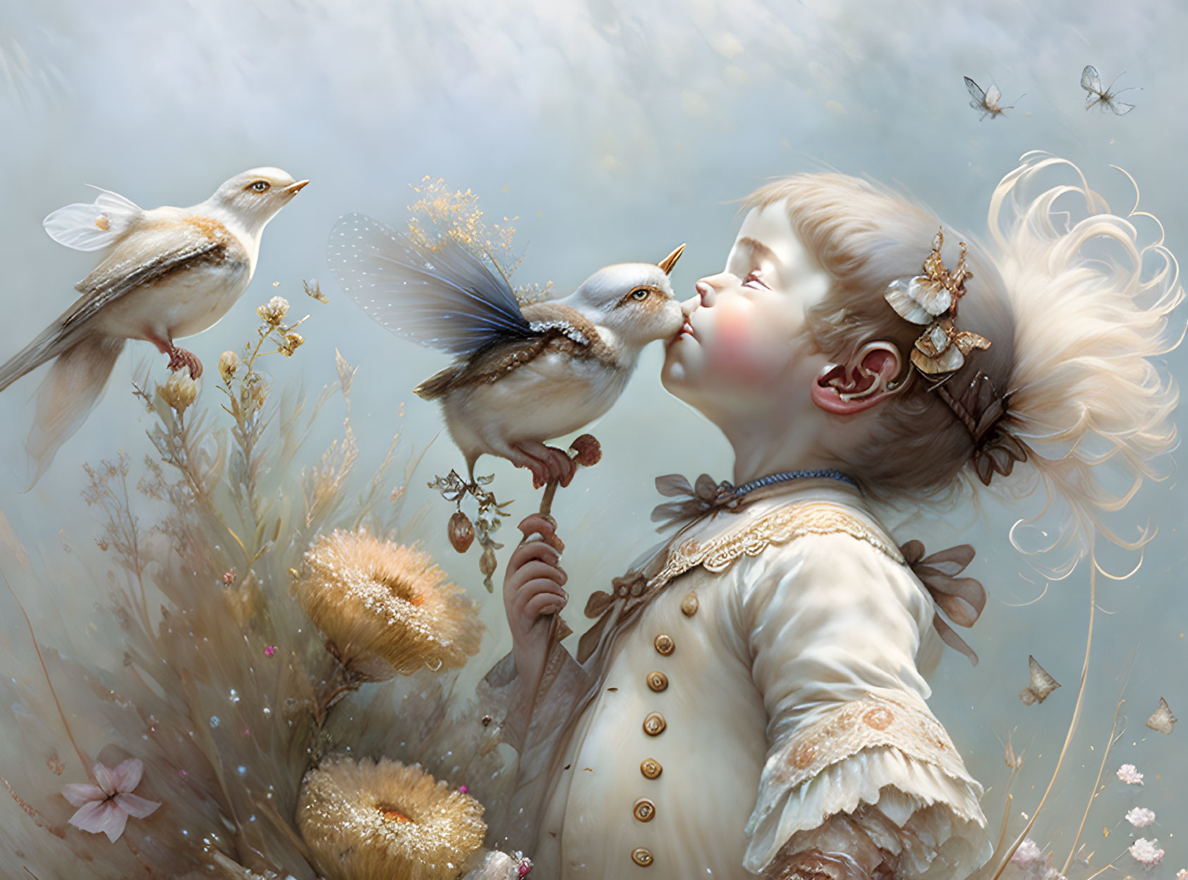 Child in vintage clothing with birds in serene floral setting