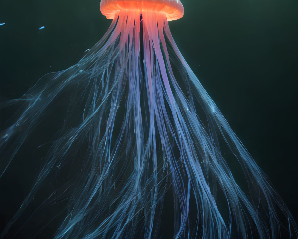 Luminous orange jellyfish with long tentacles in dark blue oceanic backdrop