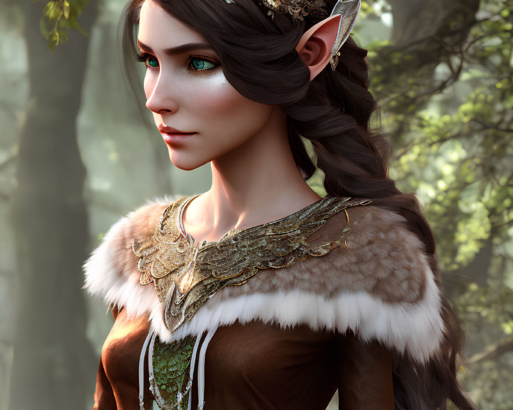 Female elf digital artwork with pointed ears, crown, and cloak in forest.