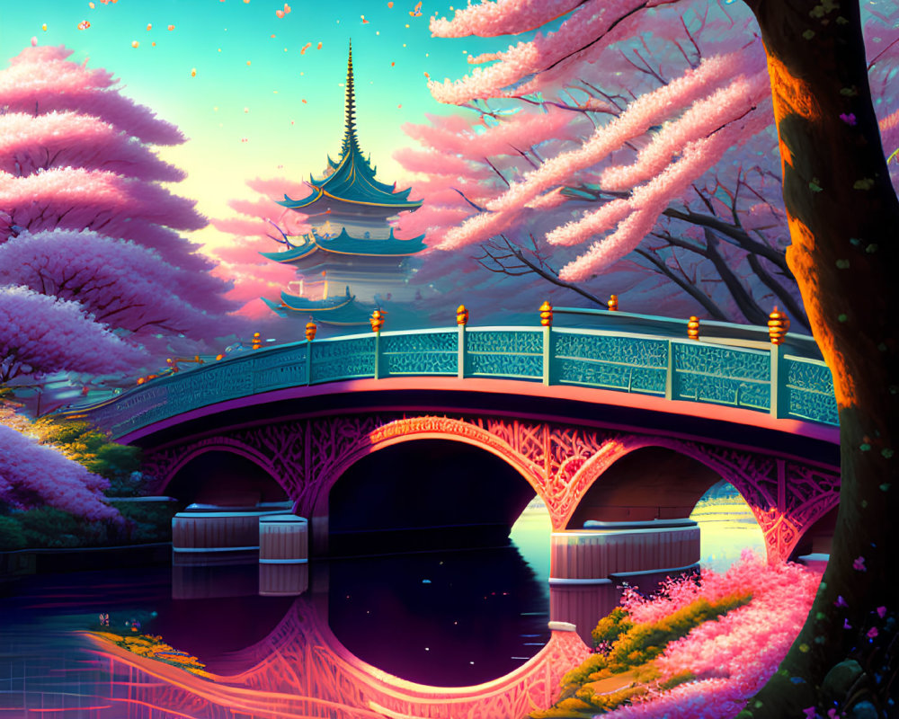 Illustration of Pagoda, Bridge, Cherry Blossoms at Twilight