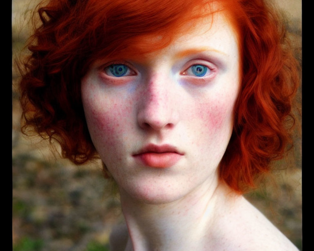 Portrait of a person with curly red hair and blue eyes