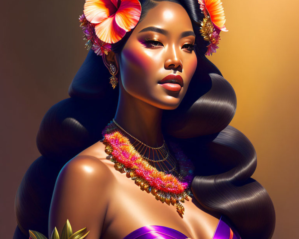 Illustrated portrait of woman with floral hair adornments and lei, exuding tropical elegance.