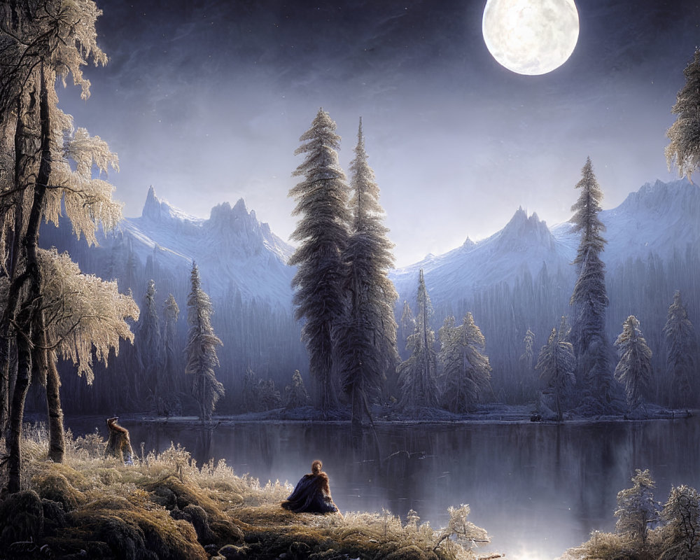 Full Moon Night: Snowy Trees, Lake, Mountains, People