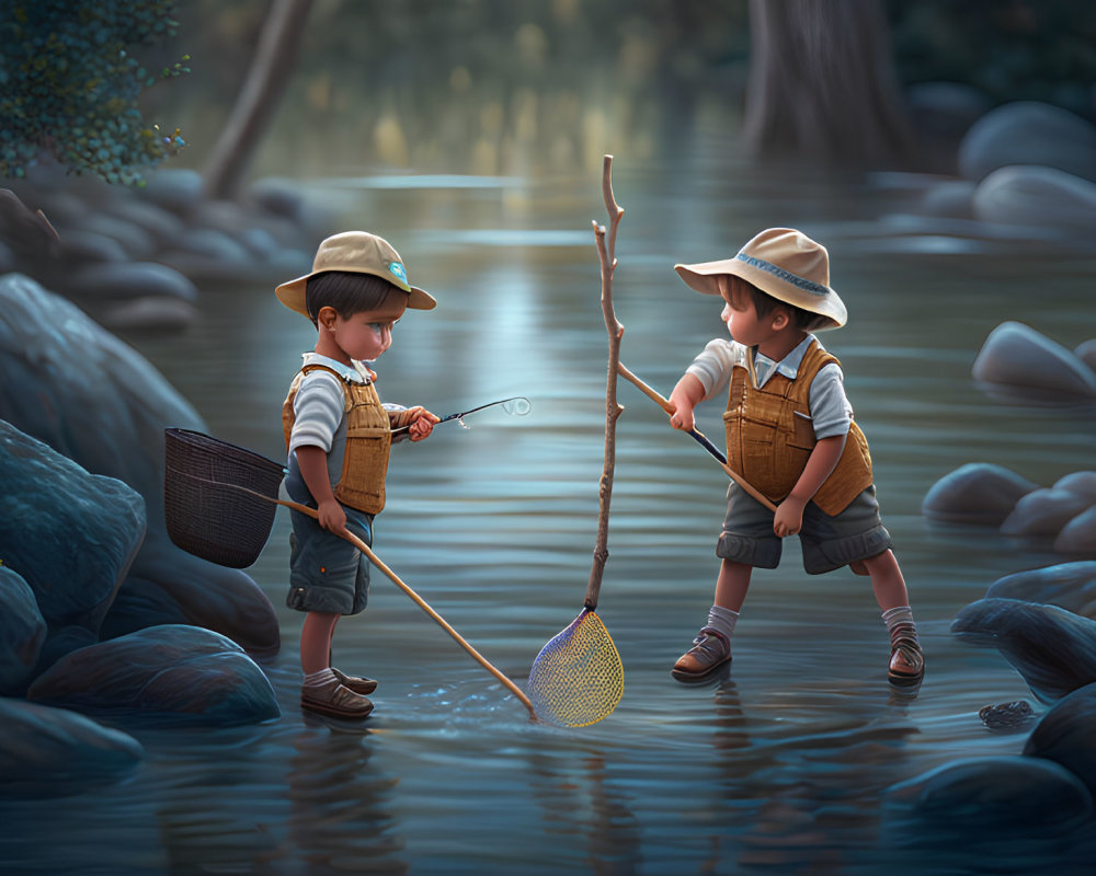 Vintage animated children fishing by serene river