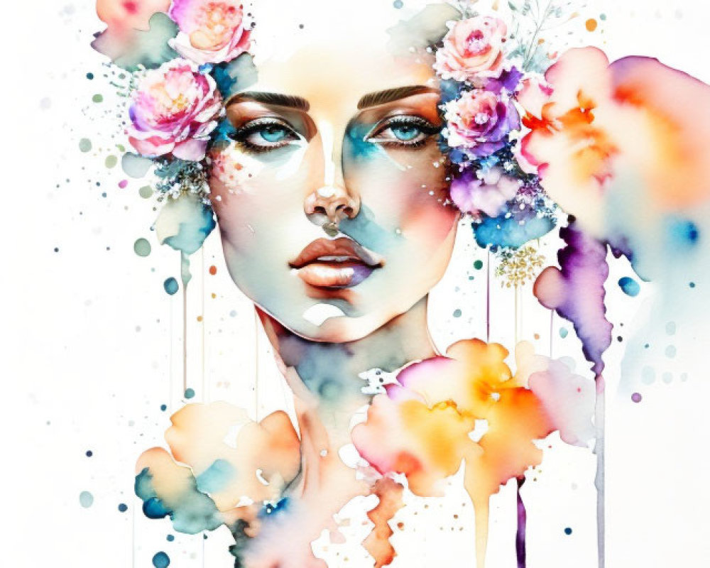 Vibrant watercolor woman's face with floral and ink blots fusion