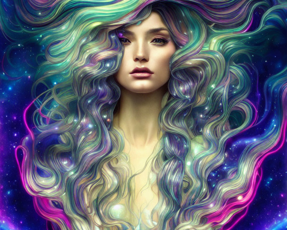 Fantasy digital artwork: Woman with multicolored hair in cosmic backdrop