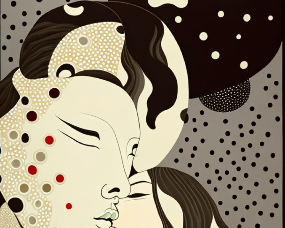 Stylized figures kissing against dotted background with circular motif