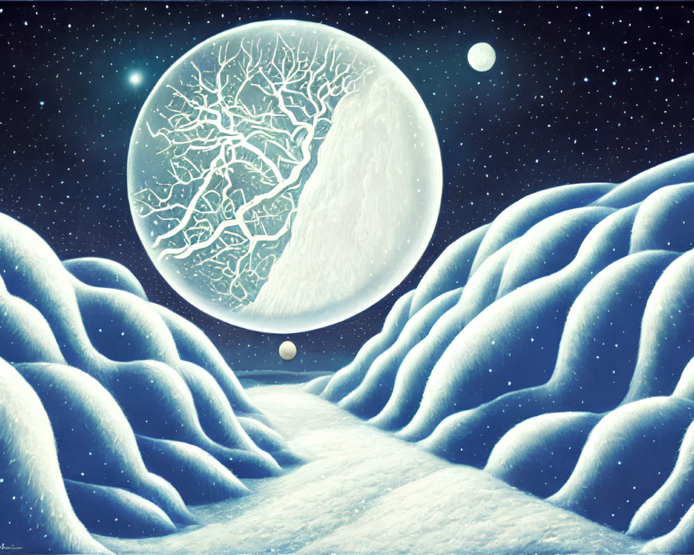 Snow-covered hills under a moonlit sky in surreal winter landscape