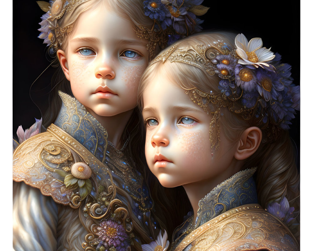 Children with Striking Blue Eyes in Regal Attire