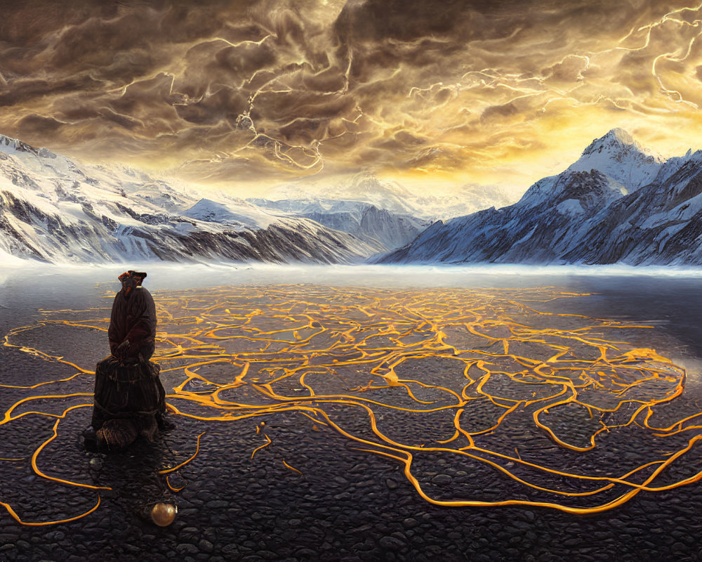 Robed Figure by Lake with Glowing Lava Streams and Snow-Capped Mountains