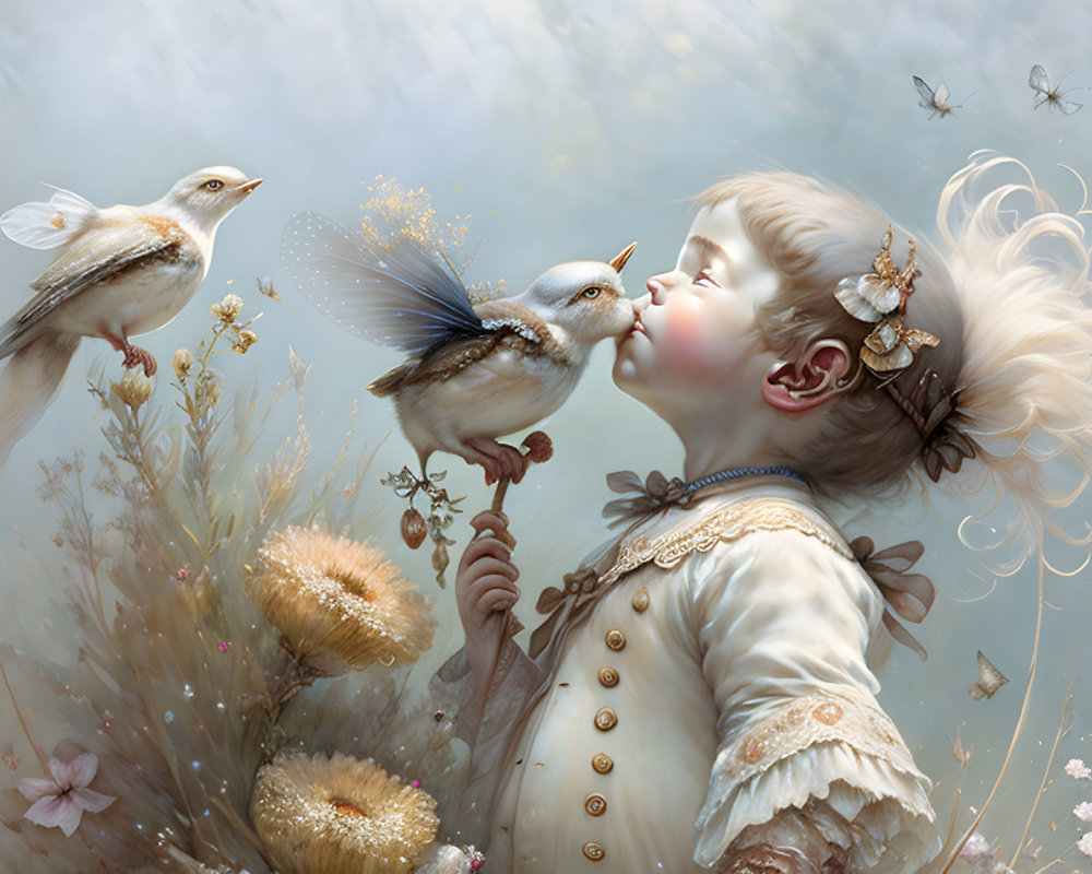 Child in vintage clothing with birds in serene floral setting