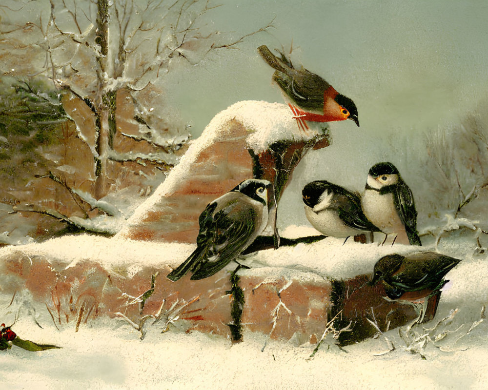 Vintage-style painting of four birds on snow-covered bench with trees and red berries.