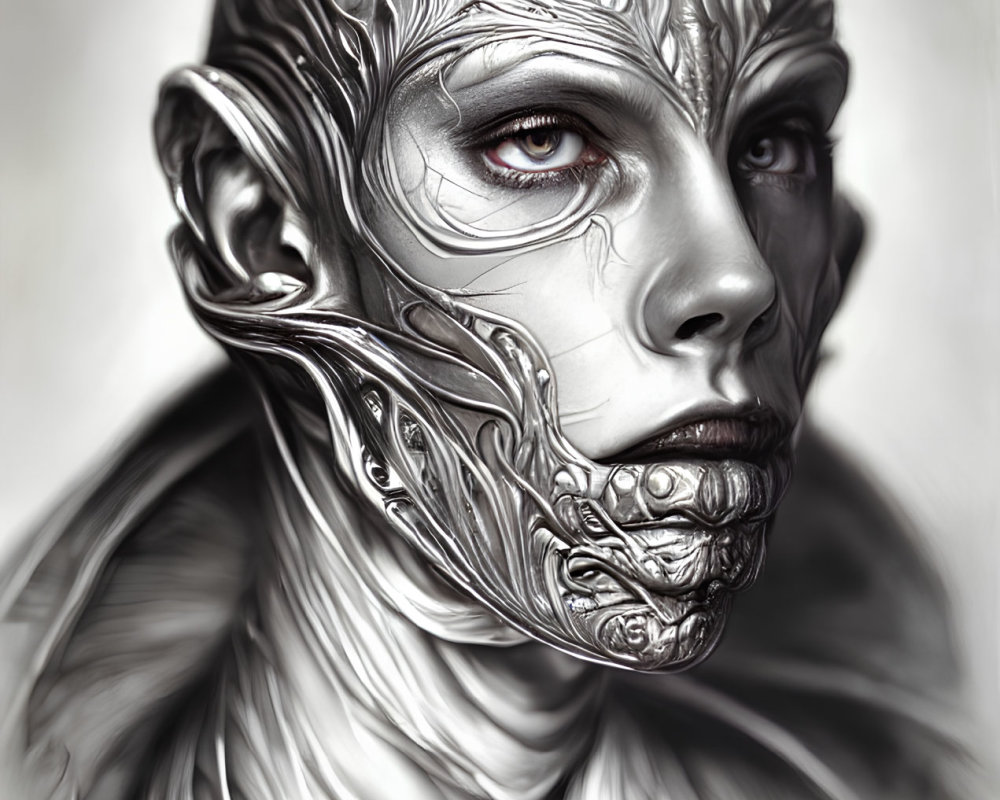 Monochromatic digital artwork of metallic humanoid with intricate designs