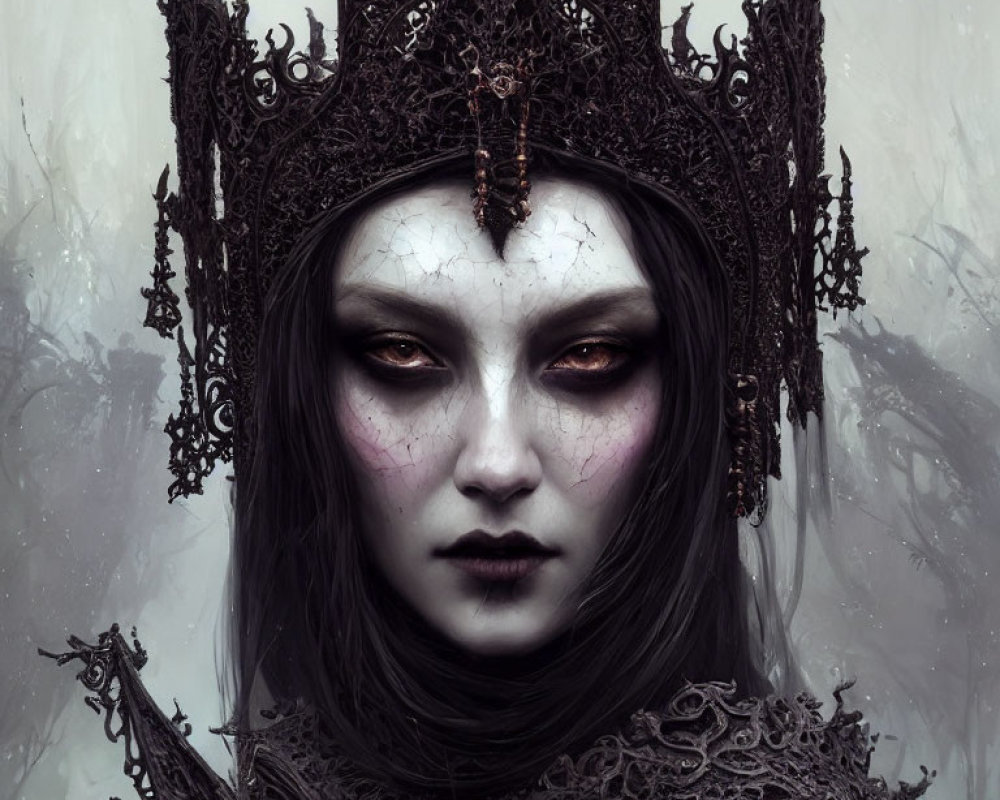 Pale woman with dark hair in dark crown, red eyes, somber expression against misty grey backdrop