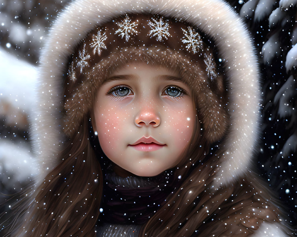 Child in Winter Clothing with Fur-Lined Hood in Falling Snowflakes