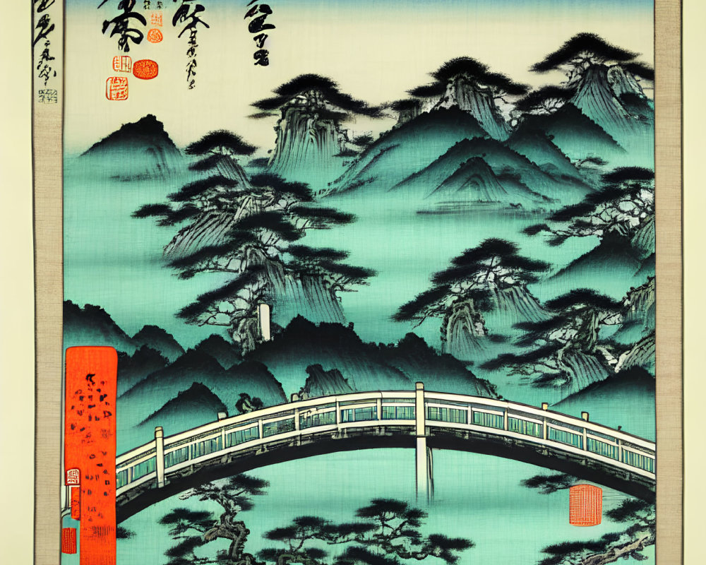 Asian Landscape Painting with Mountains, Trees, Bridge, and Calligraphy