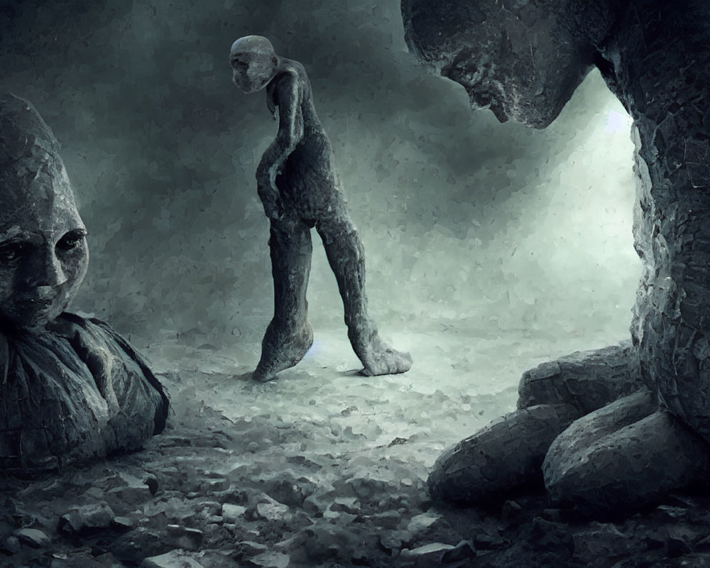 Three humanoid figures with textured skin in dark, moody setting