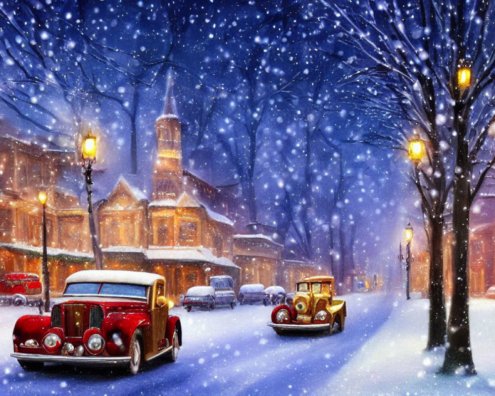 Vintage cars driving on snowy street under twilight sky