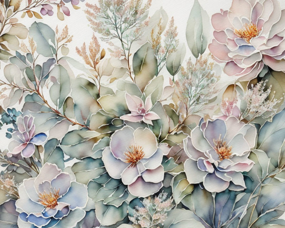 Soft Pastel Watercolor Painting of Lush Floral Arrangements