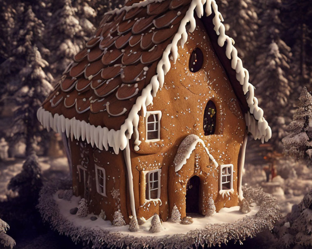 Gingerbread house with white icing in snowy forest scene