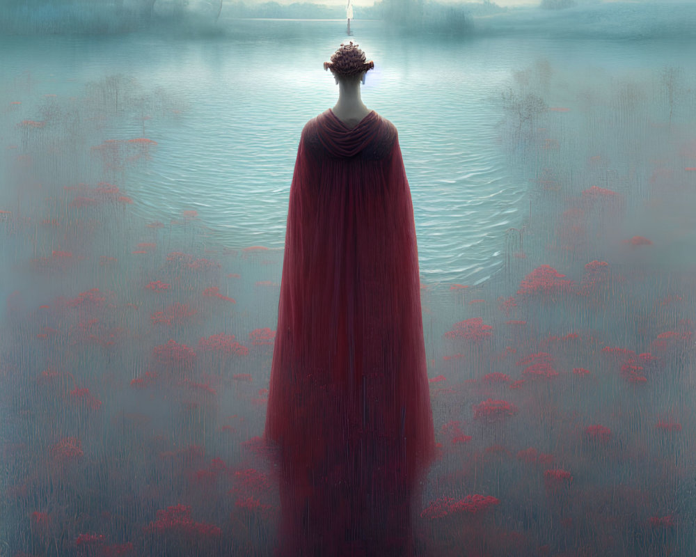 Figure in Red Cloak by Tranquil Lake with Lighthouse View