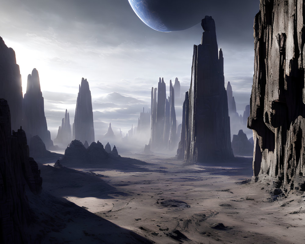 Rocky landscape with towering spires under a dark sky and large moon.