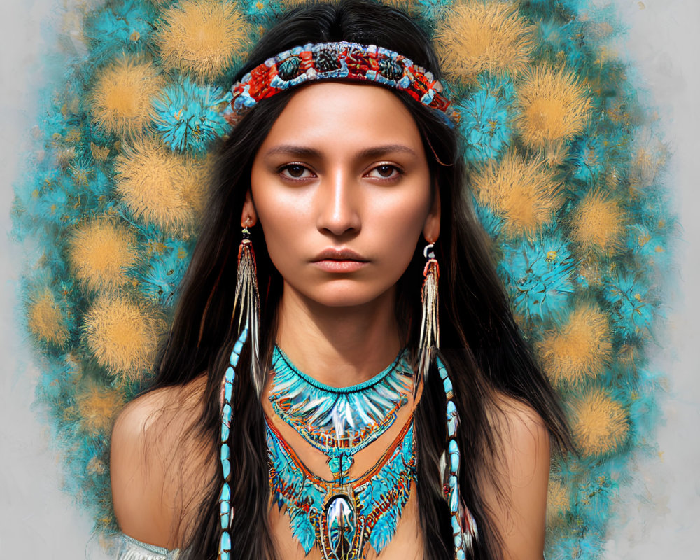 Portrait of Woman with Beaded Headband and Turquoise Necklace