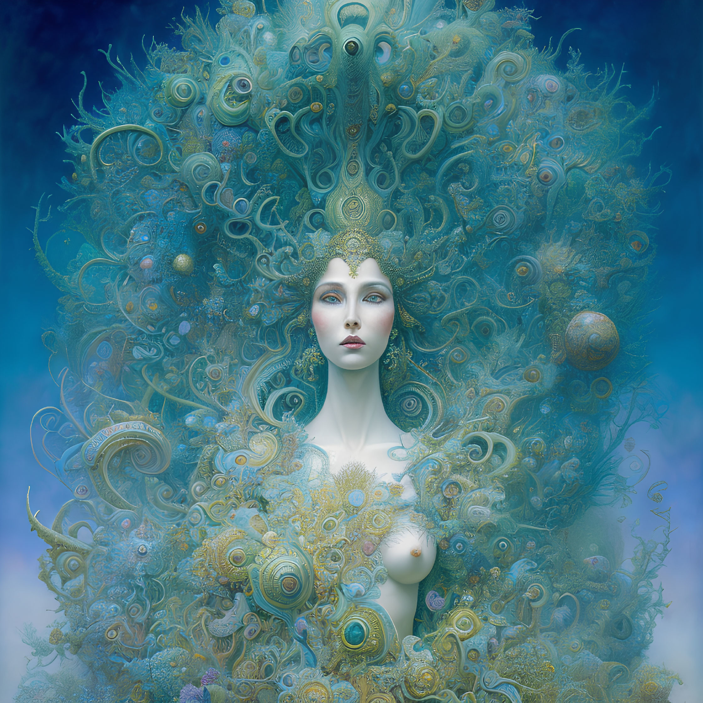 Intricate Blue-themed Surreal Woman Portrait