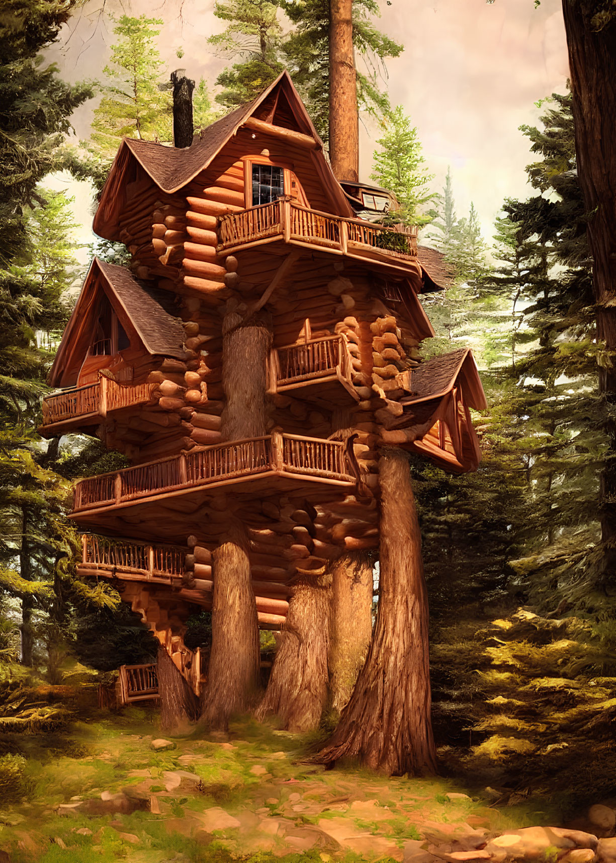 Rustic log cabin treehouse in dense forest with balconies & spiral staircase