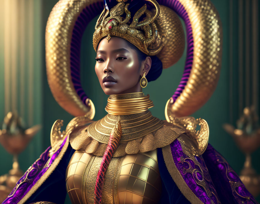Regal Woman in Elaborate Golden Headgear and Armor