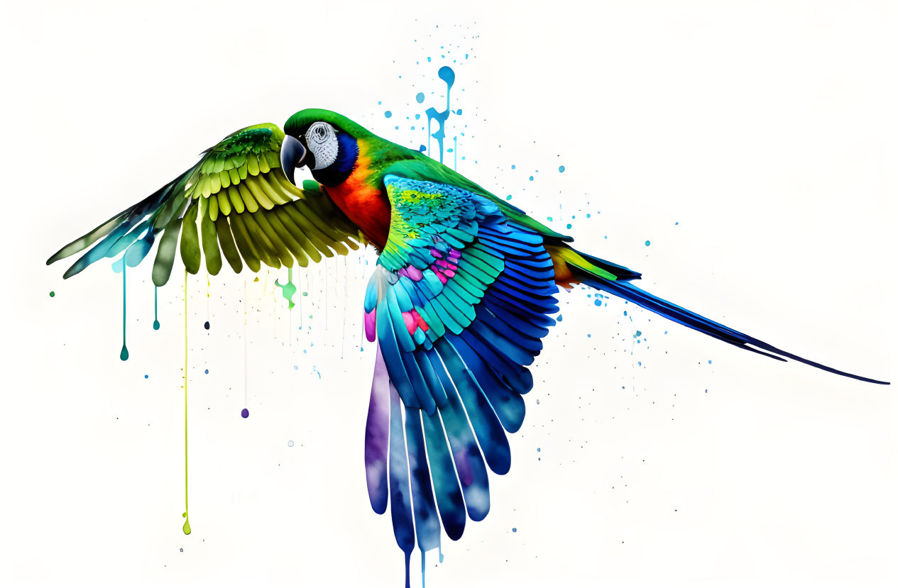 Colorful Macaw Flying Illustration with Paint Splash Effect