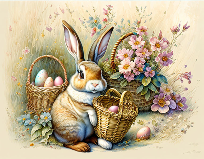 Rabbit painting with Easter eggs, flowers, grass, and daisies